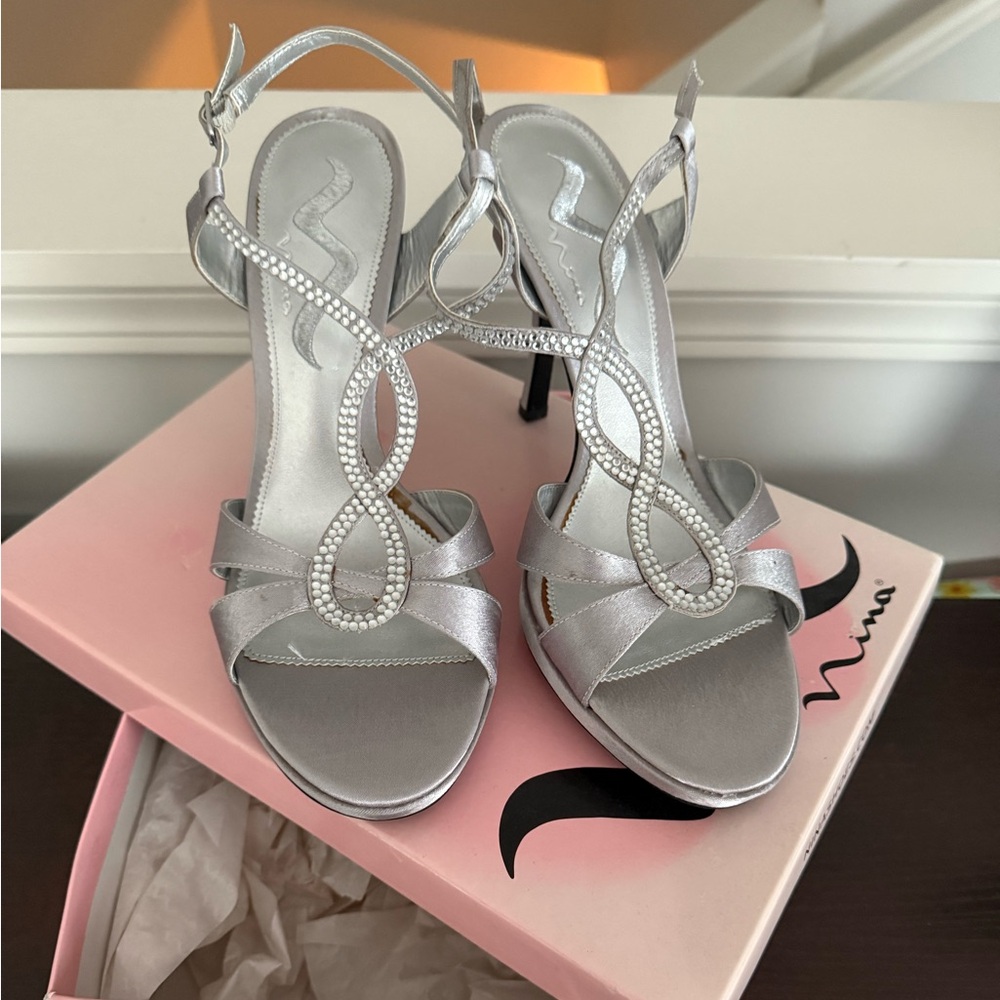 Nina Silver Strappy Heels with Ankle Strap